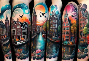 arm tattoo of stags and birds in Amsterdam canal featuring Amsterdam houses in space tattoo idea