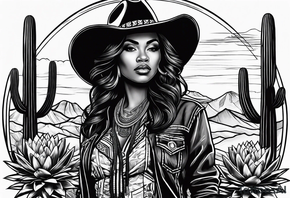 Cactus desert cowgirl black woman tattoo idea