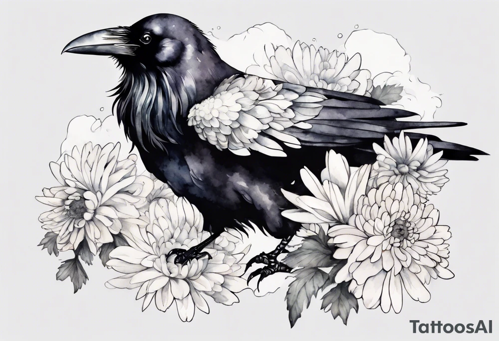 a raven with white claws and a white chrysanthemum on her chest tattoo idea
