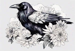 a raven with white claws and a white chrysanthemum on her chest tattoo idea