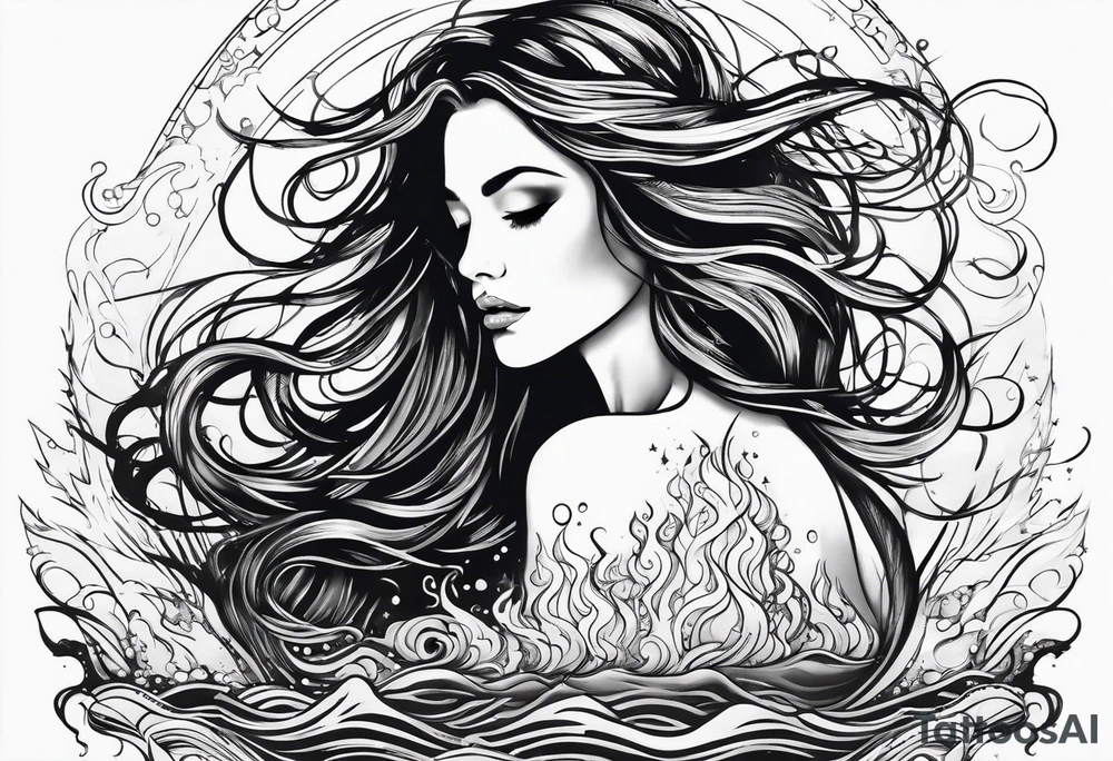 long-haired woman emerging from water, reaching up to a star tattoo idea
