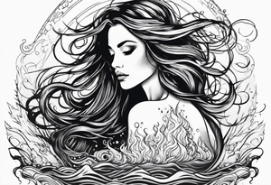 long-haired woman emerging from water, reaching up to a star tattoo idea