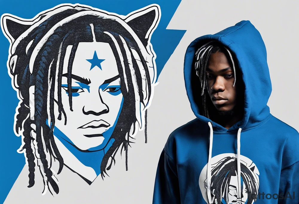 black well built teen with with a grey hoodie on and blue jeans with long dreads morphing 
into a blue wildcat in various spots on his body. I want his hoodie appear as if its been ripped in random places from the inside with I Carolina blue football jersey showing underneath that reads Camden tattoo idea