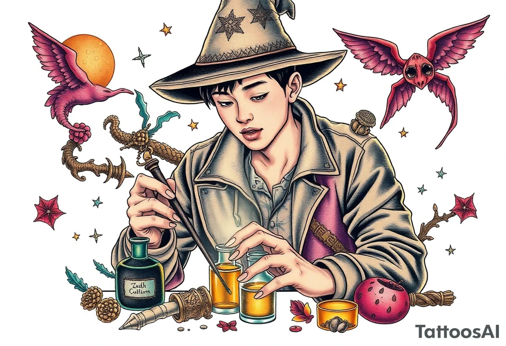 Handsome Asian young adult guy is  accidentally stumbled upon witch tools, supplies, artifacts, potions and exploring it curiously tattoo idea