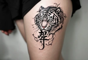 The character 爱 (ài, “love”) in deep red ink in dark gray pairs with a tiger to emphasize inner and outer power. tattoo idea