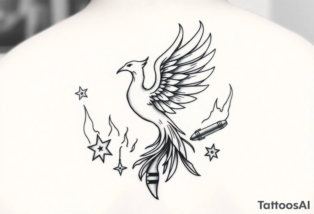 Phoenix rising from flames, surrounded by ninja stars and ballistic missiles, semicolon integrated into the design, fine line black ink, minimalist but dramatic”

The semicolon tucked into the phoenix wing or tail would be chef’s kiss — subtle but loaded with meaning for anyone who knows. tattoo idea