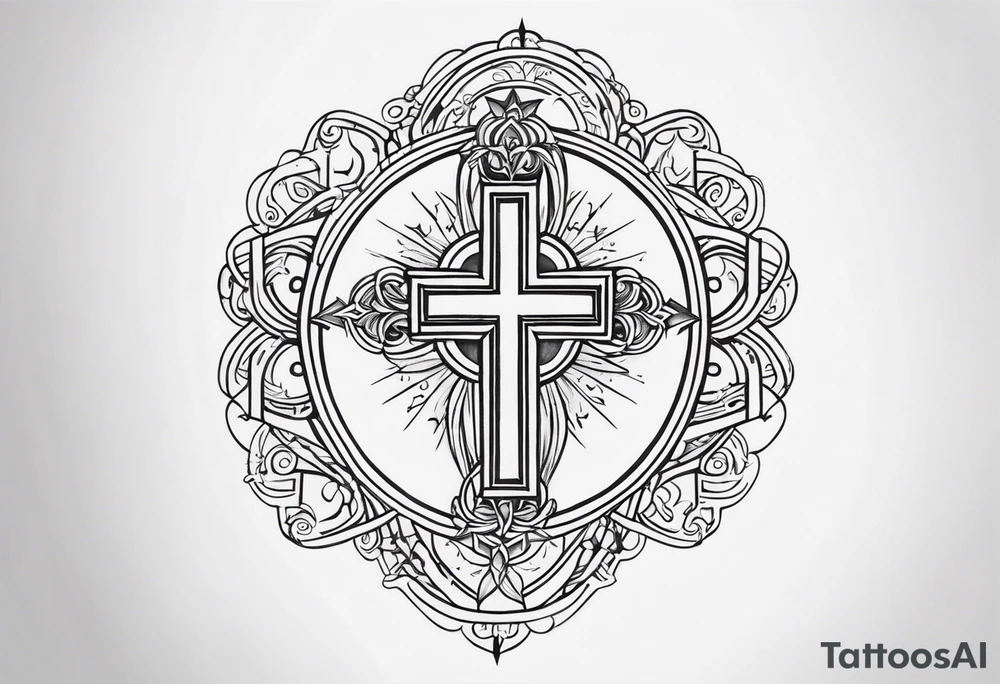 symmetrical, chest tattoo, include a christian cross, add biblical scripture text in the background tattoo idea