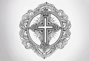 symmetrical, chest tattoo, include a christian cross, add biblical scripture text in the background tattoo idea