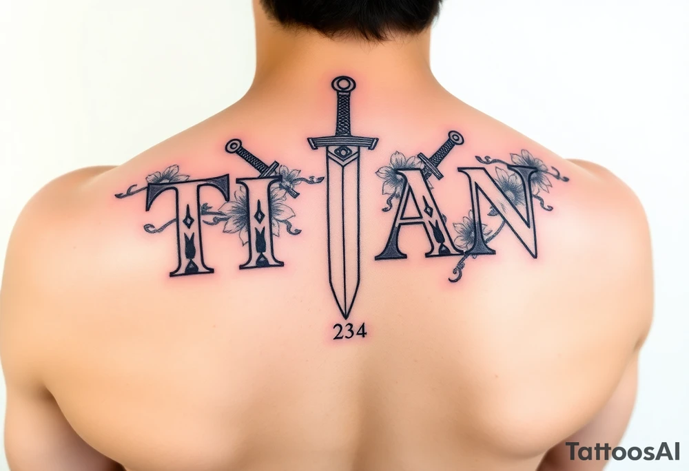 Name ‘Titan’ with birthday, Greek mythology inspired font with mini swords the T in Titan is a sword with Japanese inspired flowers tattoo idea
