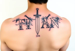 Name ‘Titan’ with birthday, Greek mythology inspired font with mini swords the T in Titan is a sword with Japanese inspired flowers tattoo idea