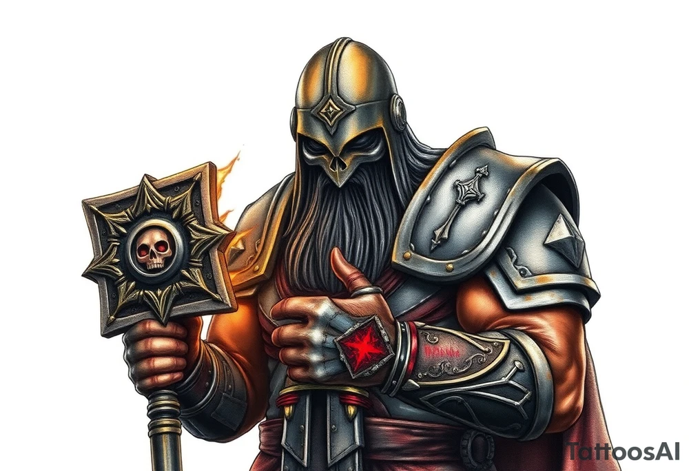From the warhammer universe, the Old World. A warrior priest of Sigmar holding The Warhammer of Sigmar. The Warhammer of Sigmar is radiating thunderous energy. The Warhammer is held by the warrior priest with both hands upon his chest level. The Warrior priest is wearing dark alloyed heavy armour with skull sigils on his shoulder pads. The warrior priest is wearing a fully head covered helmet, while the helmets front visor has an intimidating humanoid face covering. The helmet and armour are galdened with hints of gold and crimson red. tattoo idea