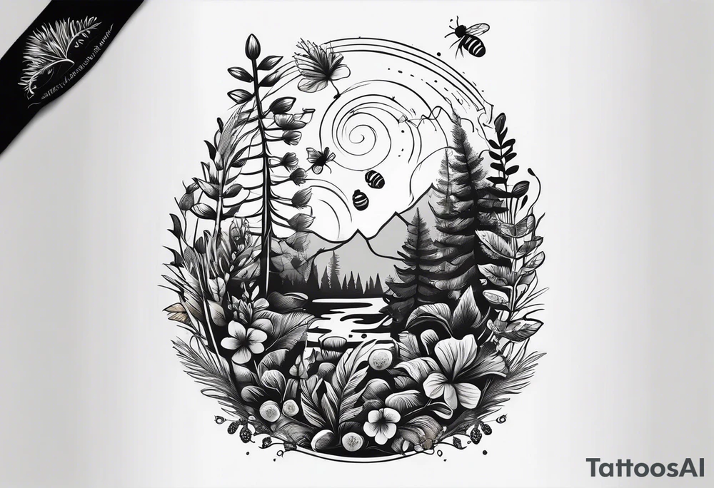 forest floor inspired minimalist tattoo, which includes grass, curly ferns and dead leaves as the bulk of the tattoo. details to include: three very tiny strawberries, a tiny bumblebee flying nearby, three small brown mushrooms tattoo idea