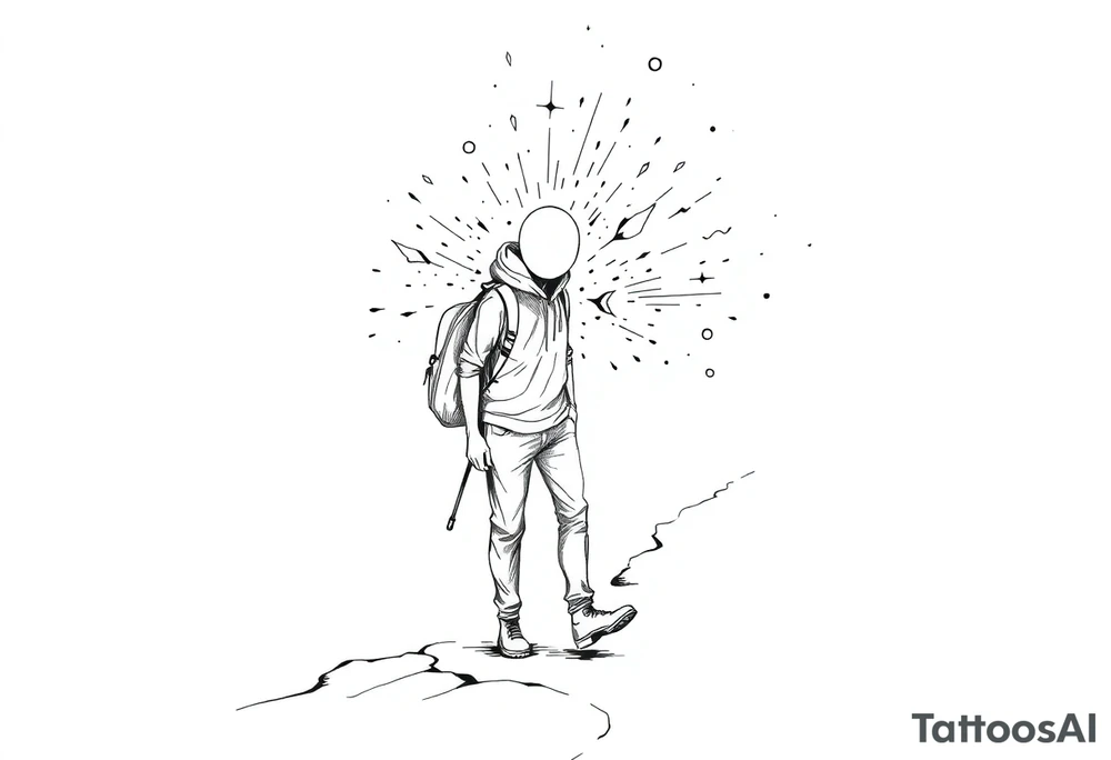 Everything everywhere all at once :Confusion and pressure in thin lines solo traveler with no face with his body parts left on the path behind him he’s walking carefully tattoo idea