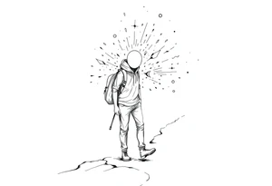 Everything everywhere all at once :Confusion and pressure in thin lines solo traveler with no face with his body parts left on the path behind him he’s walking carefully tattoo idea