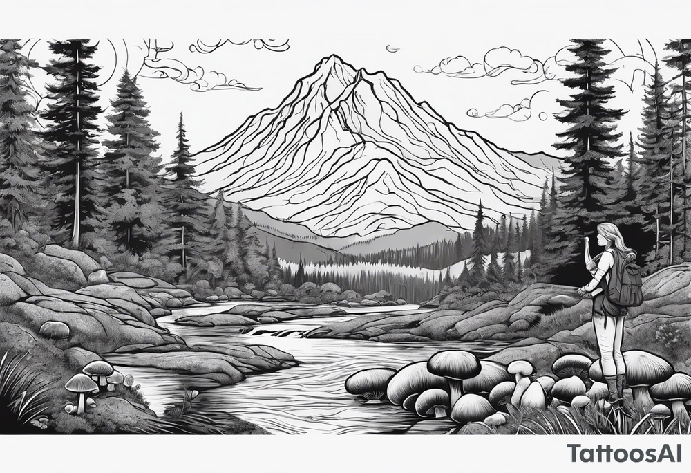 Whole picture encircled fully

Straight long blonde hair hippie girl in distance holding mushrooms in hand facing away toward mountains and creek surrounded by mushrooms long sleeve shirt and hiking pants; whole rendering within a full circle, no cut off circle tattoo idea
