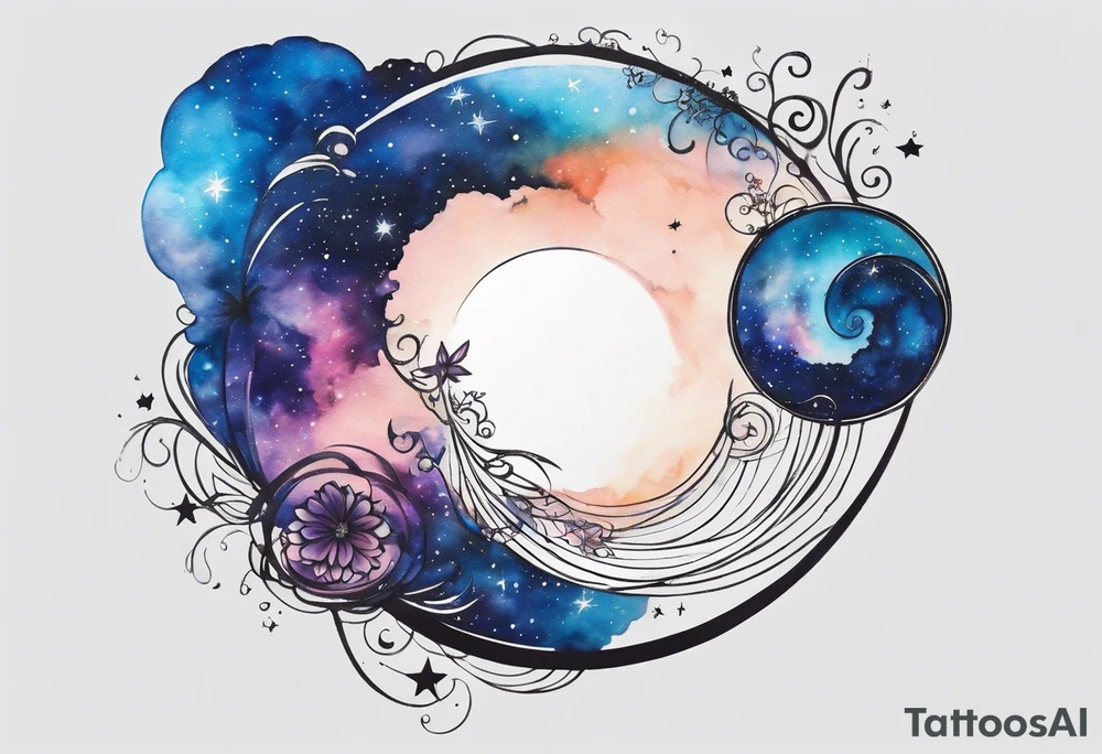 I want the outside black like the space and the galaxy blue different shades  Galaxy spyral tattoo the ones that look like an s shape because they are spinning so fast I want it in all blue but different shades of blue and it will be on my ass cheek so make it cute and conples and very aesthetic NOT a flower or women tattoo idea