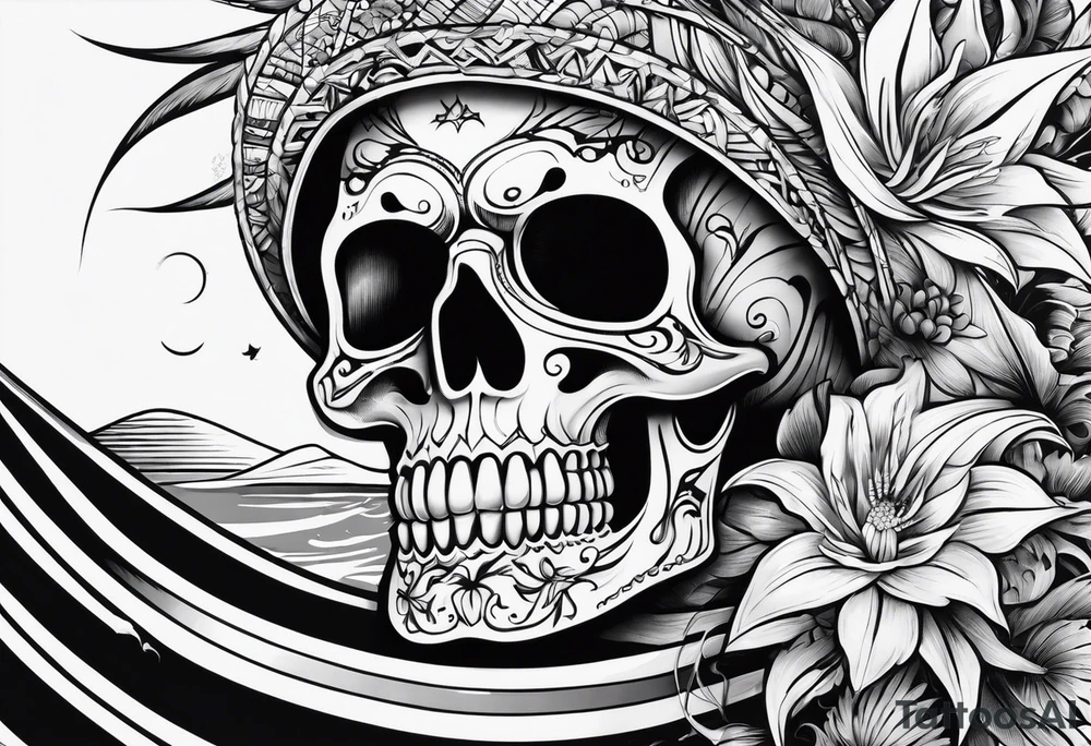 skeleton on a surfboard tattoo idea