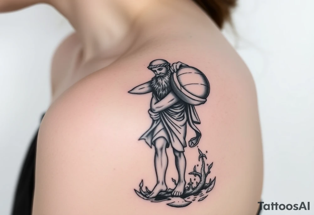 A humanized god carrying a jar on his shoulder, from which it flows out of the water to create a marine environment tattoo idea
