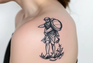 A humanized god carrying a jar on his shoulder, from which it flows out of the water to create a marine environment tattoo idea