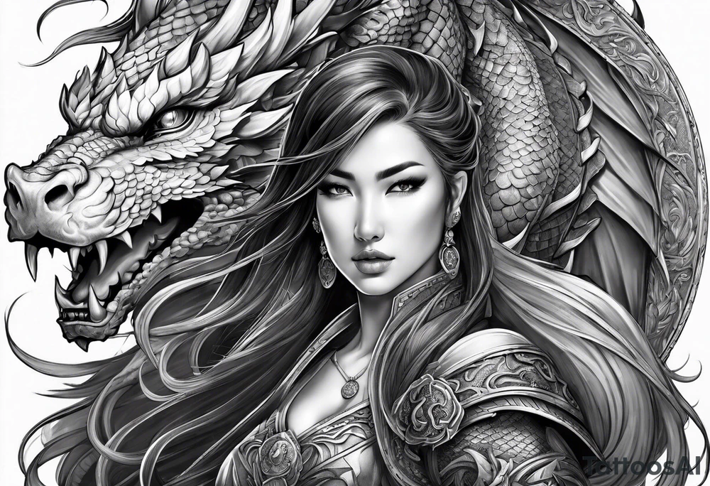 full body female warriors with two full body dragons tattoo idea
