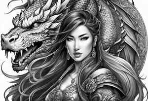 full body female warriors with two full body dragons tattoo idea