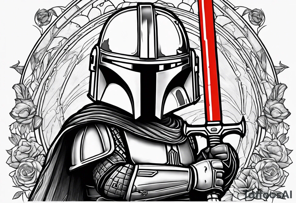 Baby grogu wearing mandalorian armor fighting Darth vader while wielding a red lightsaber tattoo idea