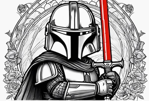 Baby grogu wearing mandalorian armor fighting Darth vader while wielding a red lightsaber tattoo idea