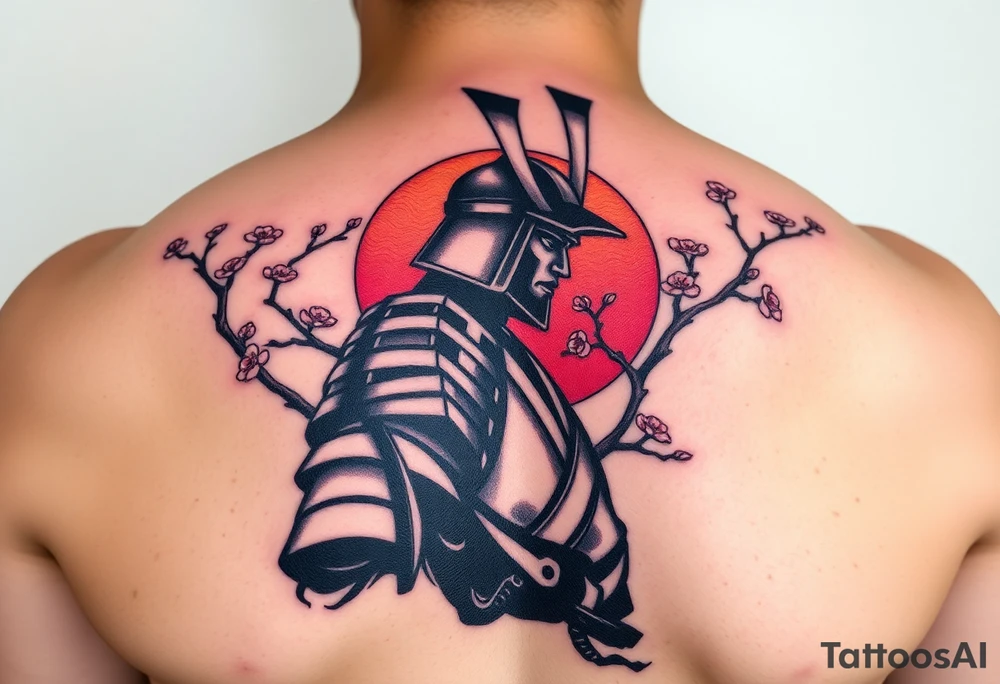 noble samurai warrior silhouette at sunset with cherry blossoms tattoo idea