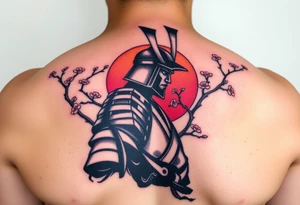 noble samurai warrior silhouette at sunset with cherry blossoms tattoo idea