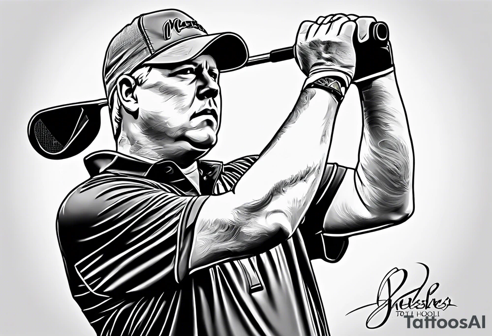 Golfer John Daly wearing the Infinity Gauntlet on one hand and holding a putter on the other hand on the 18th hole of the Masters. tattoo idea