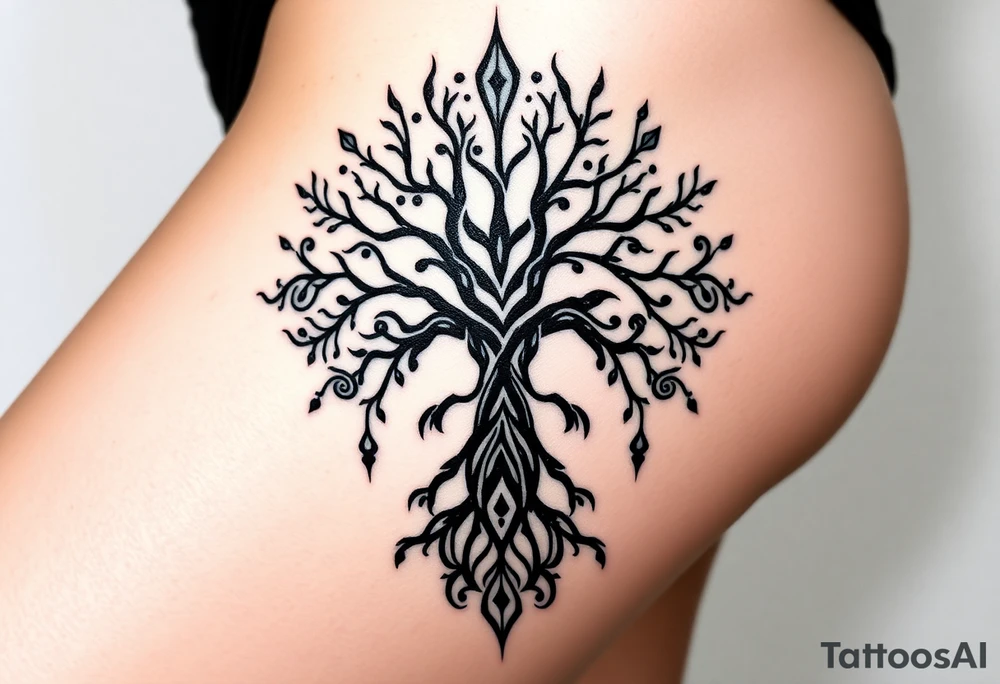 mystical tree of life with cosmic roots and celestial branches tattoo idea