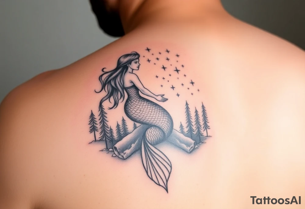 color tattoo on shoulder mermaid and forest around with starry sky tattoo idea