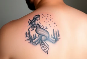 color tattoo on shoulder mermaid and forest around with starry sky tattoo idea