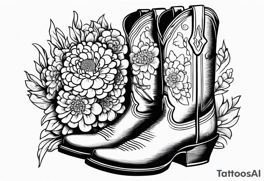 Cowboy boot with bouquet of chrysanthemum, carnations and marigolds inside of boot tattoo idea