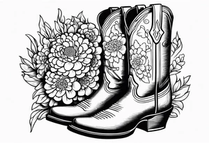 Cowboy boot with bouquet of chrysanthemum, carnations and marigolds inside of boot tattoo idea