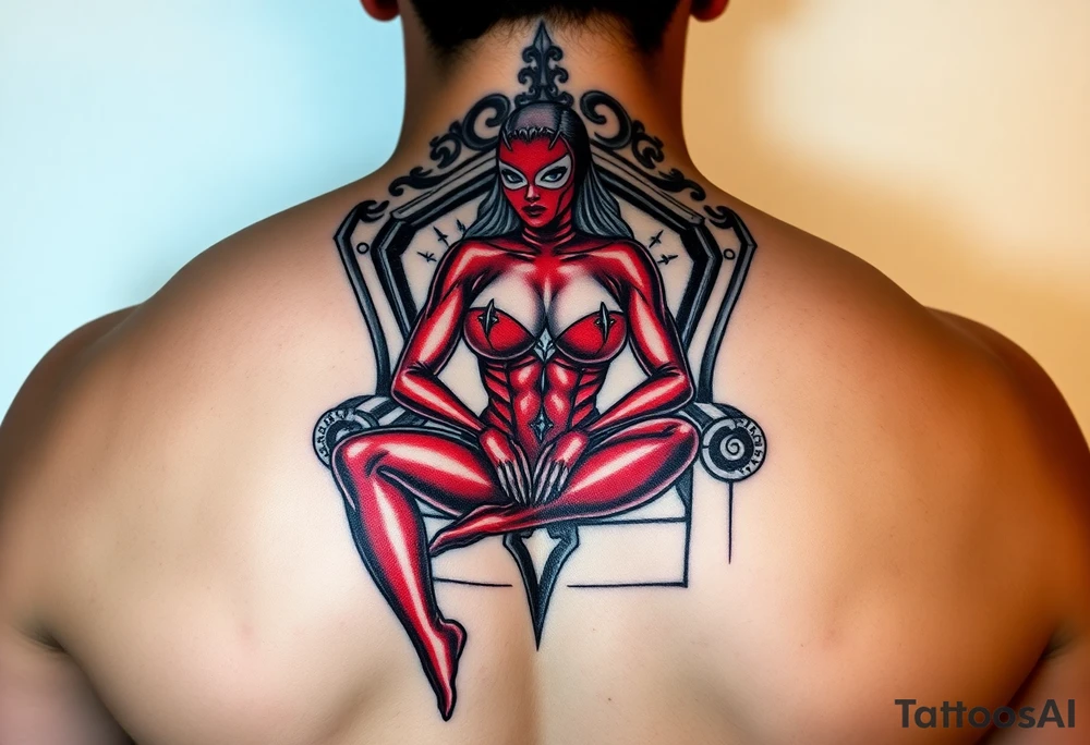powerful female dominatrix wearing a red latex catsuit and facemask sitting on her throne tattoo idea