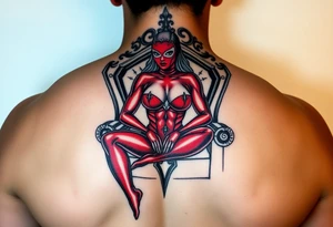 powerful female dominatrix wearing a red latex catsuit and facemask sitting on her throne tattoo idea