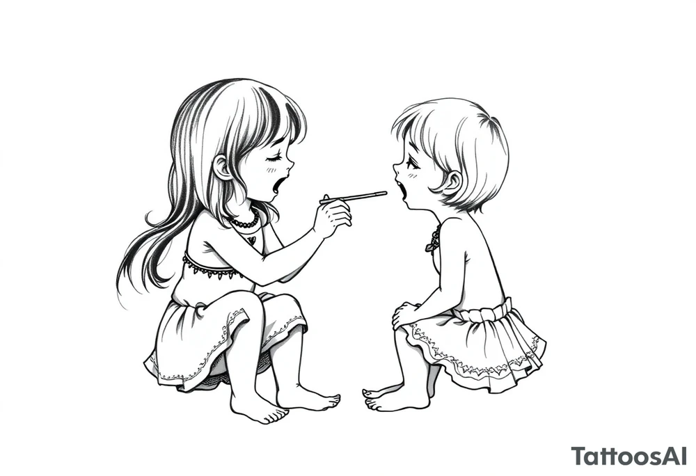 Zwei lachende kleine mädchen sitzen sich gegenüber eine hat einen Dutt die andere einen Zopf und sie berühren sich an den Fußsohlen seitenansicht tattoo idea