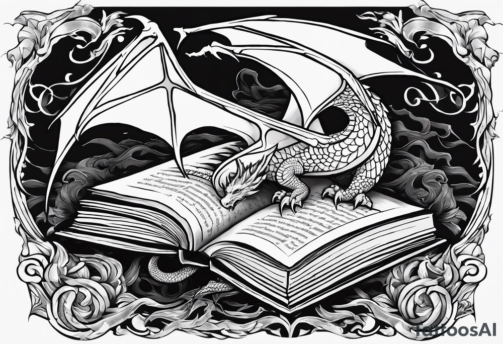 An open book with a dragon from First Wing curled up and resting underneath it. Coming out of the book will be a trident, a golden snitch, lexa's tattoo from the 100, the number four from I am Number Four, a duantless symbol. tattoo idea