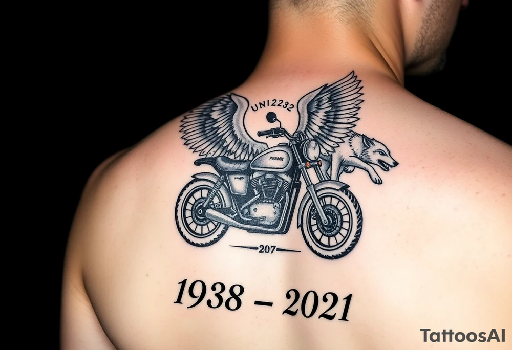 the year 1958 - 2021 with a motorcycle on it with guardian angel wolves tattoo idea