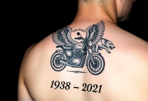 the year 1958 - 2021 with a motorcycle on it with guardian angel wolves tattoo idea