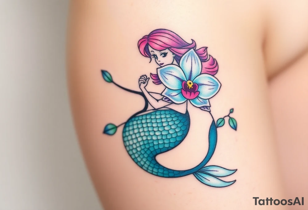 A mermaid holding an orchid flower, with soft ocean-inspired colors blending into the design tattoo idea