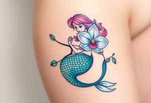 A mermaid holding an orchid flower, with soft ocean-inspired colors blending into the design tattoo idea