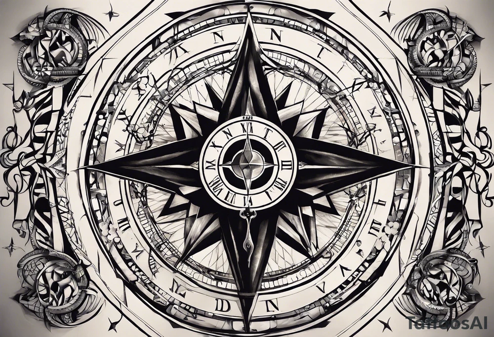 Create a tattoo sketch that visually represents the concept of us having no control of our genetics and free will, and the struggle a mind has with this. Concepts that are fine to include is time, compass rose, dna, breaking chains and consciousness itself. The sketch should have concepts blend and flow into each other. It should be aimed to fit in the left side of a man’s chest, possibly extending a bit up the elbow. tattoo idea