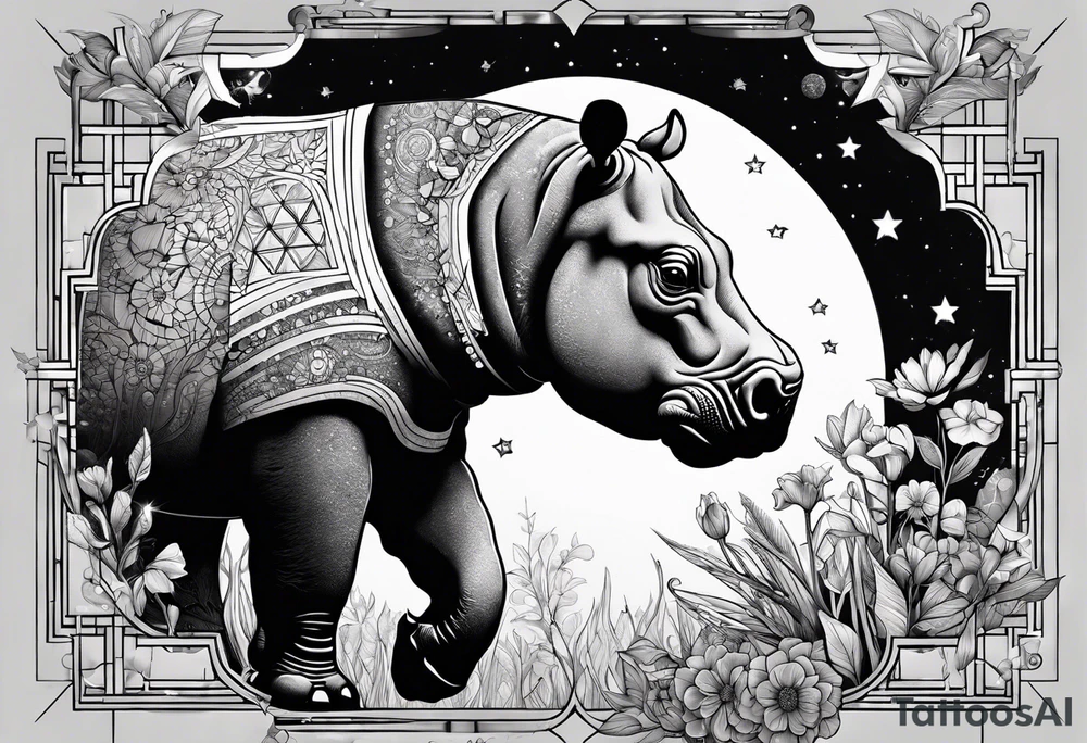 Hippo, flowers, moon, interstella, artic surreal, 
Extreme fine lines, +tribal, +geometric, develop from my favourites tattoo idea