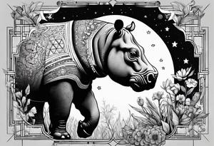 Hippo, flowers, moon, interstella, artic surreal, 
Extreme fine lines, +tribal, +geometric, develop from my favourites tattoo idea