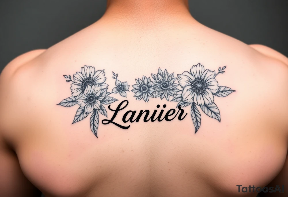 Birth flowers for the month of January February March May, June, July, August, November, and the name Lanier in cursive between the flowers tattoo idea