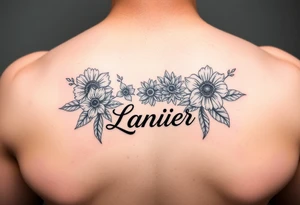 Birth flowers for the month of January February March May, June, July, August, November, and the name Lanier in cursive between the flowers tattoo idea