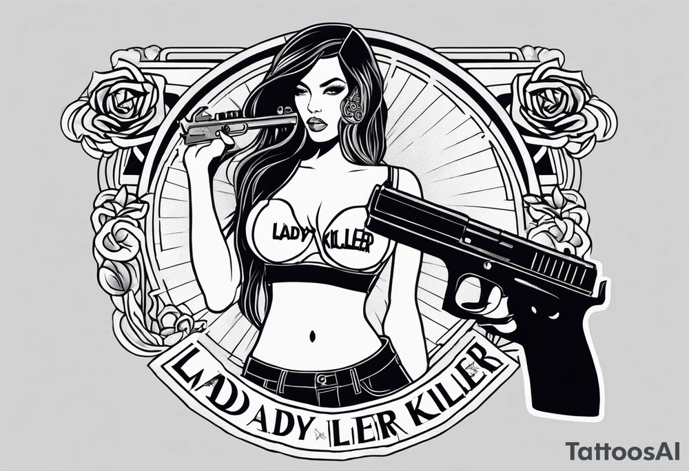 sexy lady holding a gun in mini shorts and bra blowing the gun while it’s smoking, the words “lady killer” beside it, a y2k inspired tattoo tattoo idea