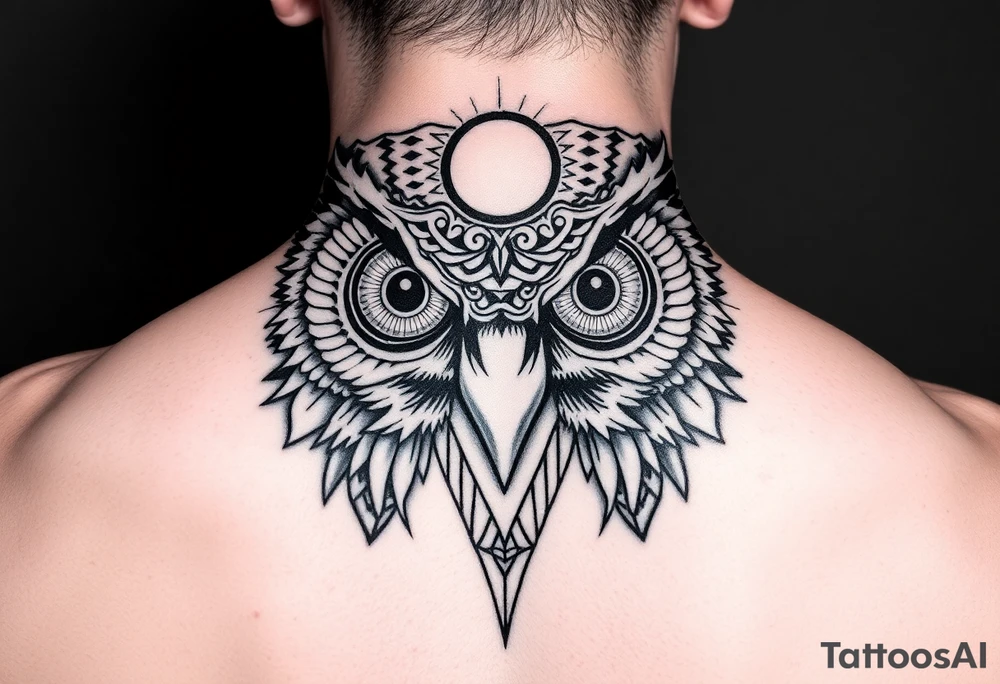 Owl head with large intense tripping on acid colored eyes with cyberpunk style  and geometry and glowing circle on the forhead without pupil tattoo idea
